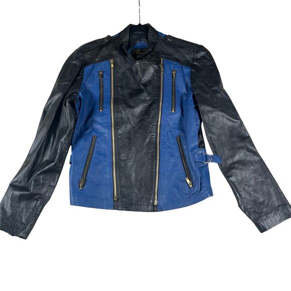 Y2k Leather Cropped Moto Jacket Woman Sm Black BlueFull Zip Vtg 90s Biker - Picture 1 of 6